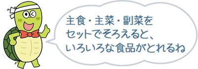 主食・主菜・副菜をセットでそろえると、いろいろな食品がとれるね